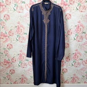 EUC 100% SILK ETHOS Elite Garmets India Caftan Embriodered Damask Navy Blue